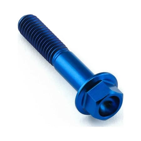 Flanged hex head titanium bolt in blue, measuring M6 x 1.00mm x 32mm, featuring a smooth finish and prominent threading for secure fastening.