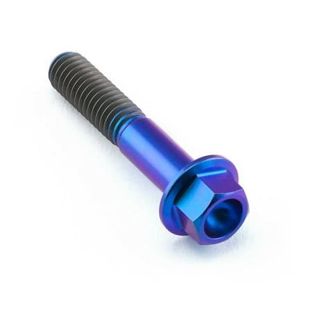 Flanged hex head titanium bolt in purple, measuring M6 x 1.00mm x 32mm, featuring a smooth, shiny finish with a grooved shaft and a hexagonal head for easy installation.