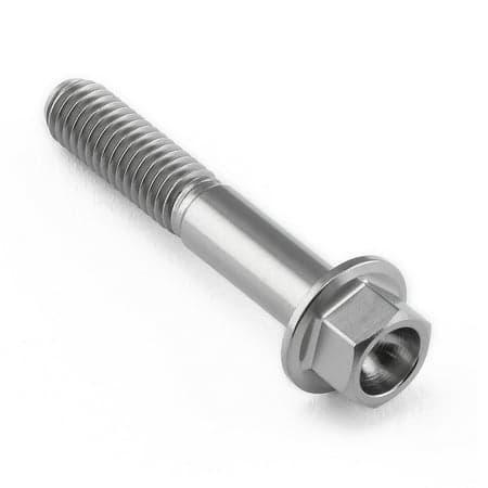 Flanged hex head titanium bolt in natural finish, M6 x 1.00mm x 35mm with a 25mm thread length, featuring a shiny, corrosion-resistant surface and deep hex socket.
