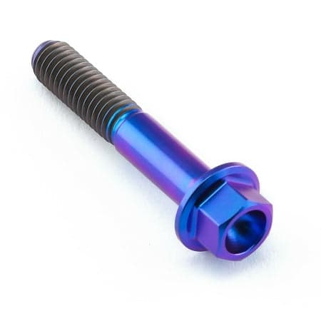 Flanged hex head titanium bolt in purple, measuring M6 x 1.00mm x 35mm, featuring a smooth finish and distinct threading along the shaft.