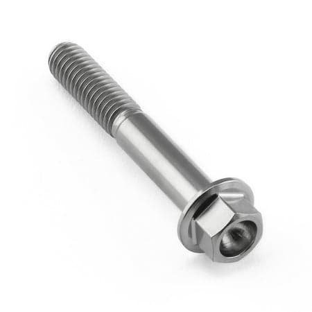Flanged hex head titanium bolt in natural finish, measuring M6 x 1.00mm x 40mm, featuring a smooth shaft and a hexagonal head for easy installation.