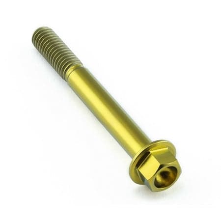 Flanged hex head titanium bolt in gold, measuring M6 x 1.00mm x 50mm, featuring a smooth shaft and a hexagonal head for easy installation.