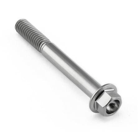 Flanged hex head titanium bolt in natural finish, measuring M6 x 1.00mm x 50mm, featuring a smooth, shiny surface and threaded shaft for secure fastening.