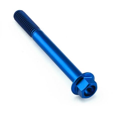 Blue titanium flanged hex head bolt, measuring M6 x 1.00mm x 55mm, features a smooth finish and distinct hexagonal head for easy installation.