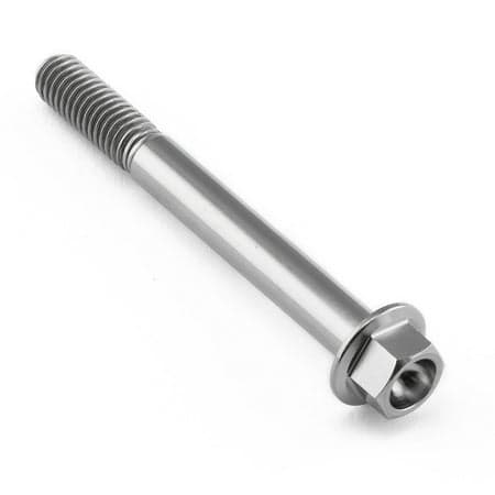 Flanged hex head titanium bolt in natural finish, measuring M6 x 1.00mm x 55mm, featuring a smooth shaft and a hexagonal head for easy installation.