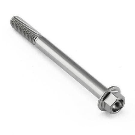 Flanged hex head titanium bolt in natural finish, measuring M6 x 1.00mm x 65mm with a 25mm flange, featuring a smooth, shiny surface and a hexagonal socket for easy installation.