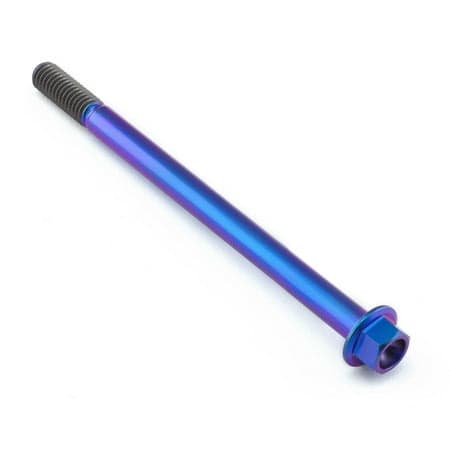 Flanged hex head titanium bolt in purple, measuring M6 X 1.00mm X 90mm, featuring a smooth, shiny finish and a hexagonal socket for easy installation.