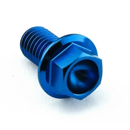 Flanged hex head titanium bolt in vibrant blue, measuring M8 x 1.25mm x 15mm, featuring a smooth finish and six-sided head design for easy installation.