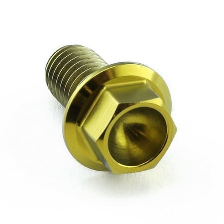 Flanged hex head titanium bolt in gold, measuring M8 x 1.25mm x 15mm, featuring a smooth, polished finish and deep hexagonal socket for easy installation.