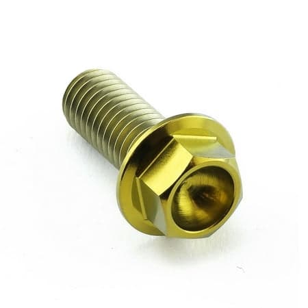 Gold titanium flanged hex head bolt, M8 x 1.25mm x 20mm, featuring a smooth, polished finish and distinct hexagonal head for enhanced grip and durability.
