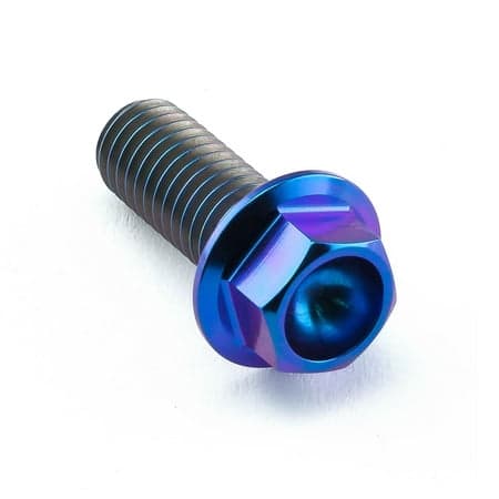 Flanged hex head titanium bolt in purple, measuring M8 x 1.25mm x 20mm, featuring a shiny finish and distinct threading for secure fastening.