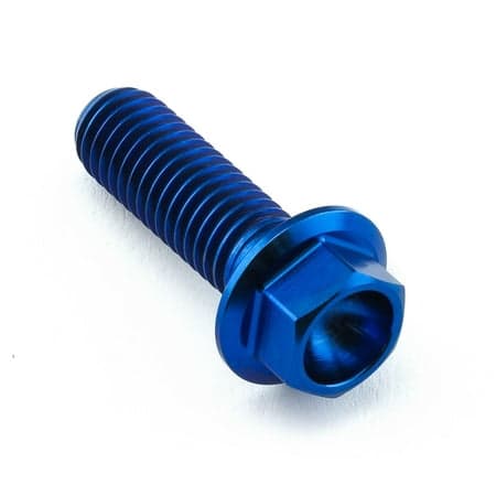 Flanged hex head titanium bolt in vibrant blue, measuring M8 x 1.25mm x 25mm, featuring a smooth finish and deep threads for secure fastening.