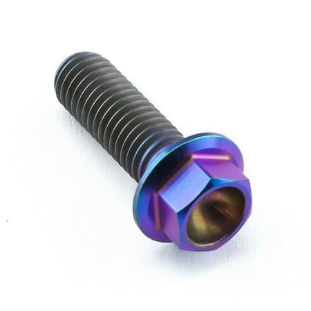 Flanged hex head titanium bolt in purple, measuring M8 x 1.25mm x 25mm, featuring a smooth, shiny finish and distinct threading for secure fastening.