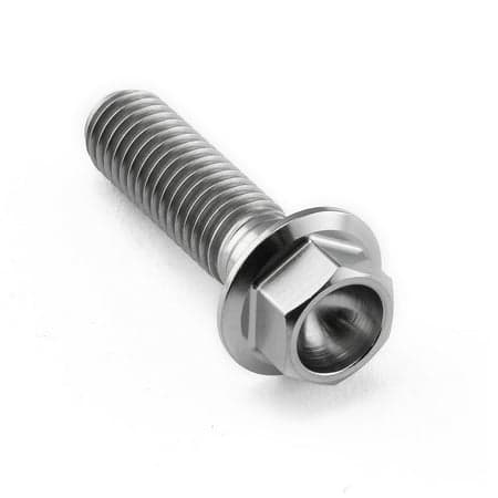 Flanged hex head titanium bolt in natural finish, M8 x 1.25mm x 28mm, featuring a smooth, shiny surface and distinct threaded shaft for secure fastening.