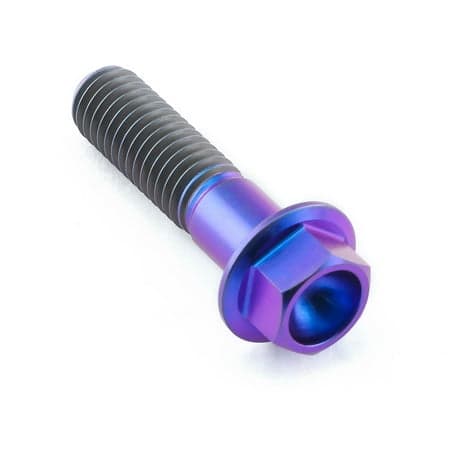 Flanged hex head titanium bolt in vibrant purple, measuring M8 x 1.25mm x 32mm, featuring a smooth, shiny finish and distinct threading along the shaft.