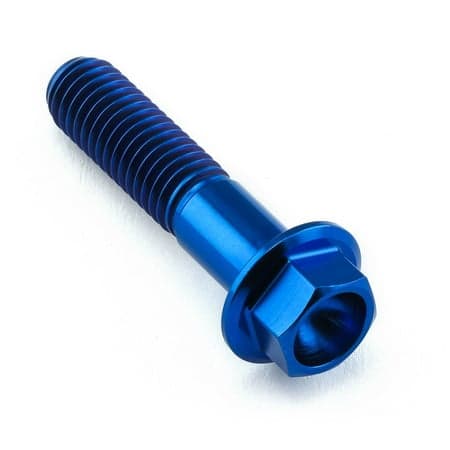 Blue titanium flanged hex head bolt, M8 size, with a 1.25mm thread pitch and 35mm length, featuring a smooth finish and prominent hexagonal head.