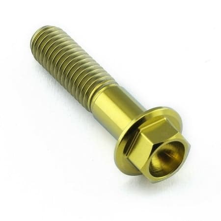 Gold titanium flanged hex head bolt, M8 size, with a length of 35mm and a thread pitch of 1.25mm, featuring a shiny finish and distinct hexagonal head.