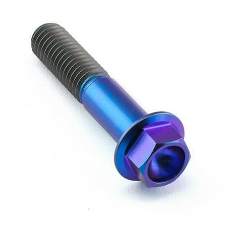 Flanged hex head titanium bolt in purple, measuring M8 x 1.25mm x 40mm, featuring a smooth, shiny finish and a hexagonal head for easy installation.