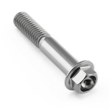Flanged hex head titanium bolt in natural finish, M8 size, 1.25mm thread pitch, 45mm length, featuring a smooth shaft and hexagonal head for easy installation.