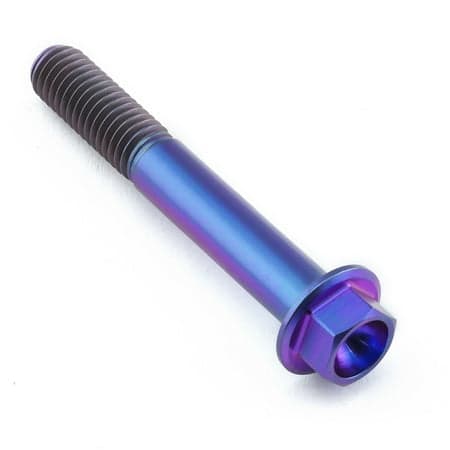 Flanged hex head titanium bolt in vibrant purple, measuring M8 x 1.25mm x 55mm, featuring a smooth, anodized finish and a textured grip for easy installation.