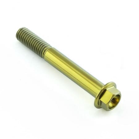 Gold titanium flanged hex head bolt, M8 x 1.25mm x 60mm with a 25mm length, featuring a smooth, shiny finish and prominent threading for secure fastening.