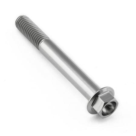 Flanged hex head titanium bolt in natural finish, measuring M8 x 1.25mm x 65mm with a 25mm length, featuring a smooth shaft and hexagonal head for secure fastening.