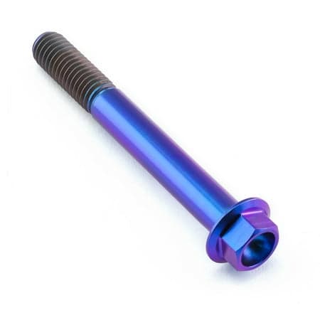 Flanged hex head titanium bolt in vibrant purple, measuring M8 x 1.25mm x 65mm, featuring a smooth finish and a 25mm flange for secure fastening.