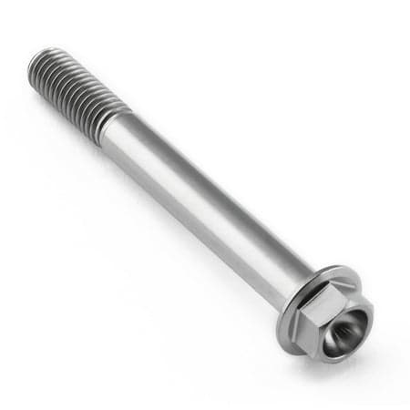 Flanged hex head titanium bolt in natural finish, measuring M8 x 1.25mm x 70mm with a 25mm flange, featuring a smooth, shiny surface and threaded shaft.
