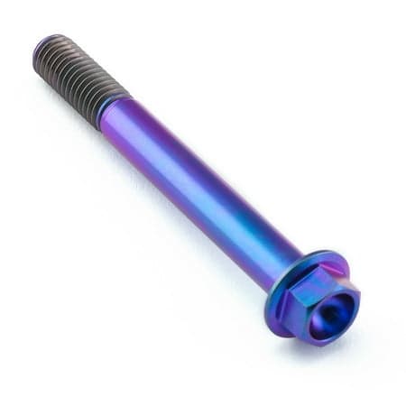 Flanged hex head titanium bolt in vibrant purple, measuring M8 x 1.25mm x 70mm, featuring a smooth finish and threaded shaft for secure fastening.