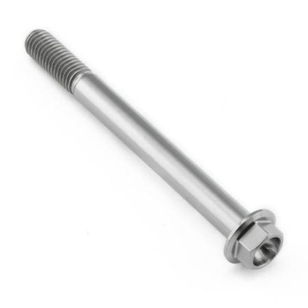 Flanged hex head titanium bolt in natural finish, measuring M8 x 1.25mm x 85mm with a 25mm flange, featuring a smooth, shiny surface and threaded shaft.