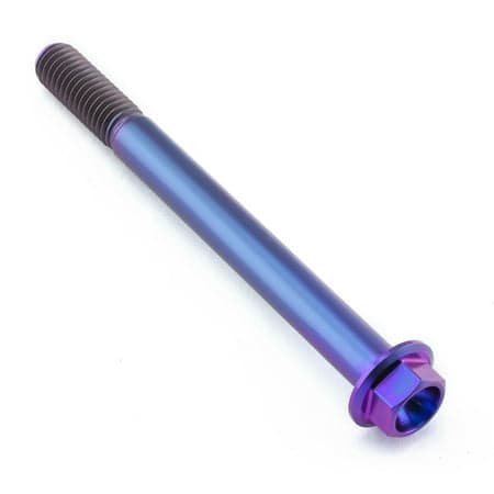 Flanged hex head titanium bolt in purple, measuring M8 x 1.25mm x 85mm, featuring a smooth, shiny finish and distinct threaded shaft for secure fastening.
