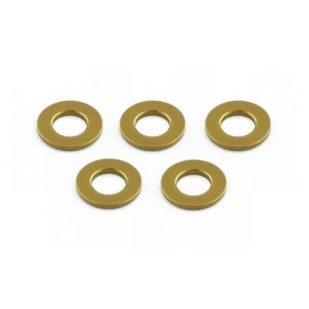 Five gold flat alloy washers, each measuring M5x10mm, showcasing a smooth, shiny surface and a central hole for fastening applications.