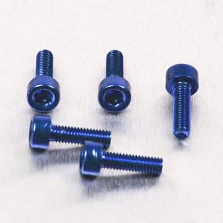 Five blue alloy bolts with parallel Allen heads, measuring M3 x 0.50mm x 10mm, showcasing a sleek finish and precision threading.