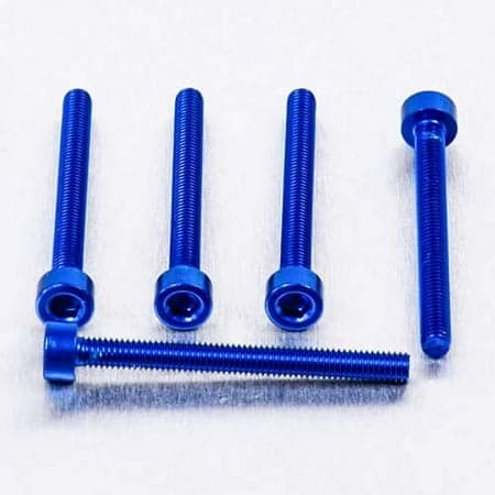 Five blue alloy bolts with parallel Allen heads, measuring M3 x 0.50mm x 30mm, showcasing a shiny finish and precise threading for secure fastening.