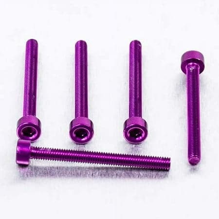 Five purple alloy parallel Allen head bolts, each measuring M3 x 0.50mm x 30mm, showcasing a shiny finish and threaded design for secure fastening.