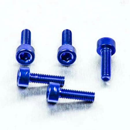 Five blue alloy parallel Allen head bolts, each measuring M3 x 0.50mm x 8mm, showcasing a shiny finish and hexagonal socket for easy installation.