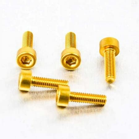 Gold alloy parallel Allen head bolts in a pack of five, measuring M3 x 0.50mm x 8mm, featuring a hexagonal socket for easy installation.