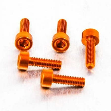 Five orange alloy bolts with parallel Allen heads, measuring M3 x 0.50mm x 8mm, showcasing a shiny finish and hexagonal sockets for tool use.