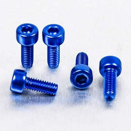 Five blue alloy parallel Allen head bolts, each measuring M4 x 0.70mm x 10mm, showcasing a shiny finish and hexagonal socket for easy installation.