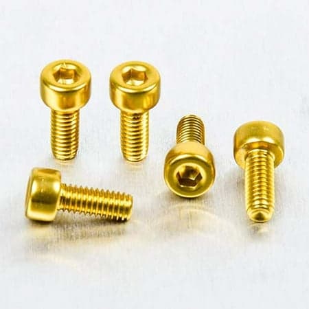 Five gold alloy parallel Allen head bolts, each measuring M4 x 0.70mm x 10mm, showcasing a shiny finish and hexagonal socket for easy installation.