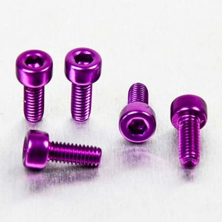 Five purple alloy parallel Allen head bolts, M4 X 0.70mm X 10mm, showcasing a shiny finish and hexagonal socket for easy installation.