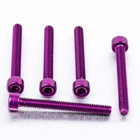Five purple alloy parallel Allen head bolts, each measuring M4 x 0.70mm x 35mm, showcasing a shiny finish and hexagonal socket for easy installation.