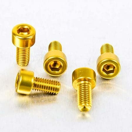 Five gold alloy bolts with a parallel Allen head design, measuring M5 x 0.80mm x 10mm, showcasing a shiny metallic finish.