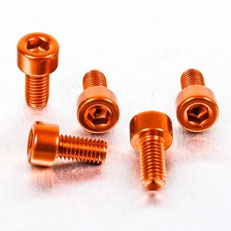 Five orange alloy parallel Allen head bolts, each measuring M5 x 0.80mm x 10mm, showcasing a smooth finish and hexagonal recess for easy installation.