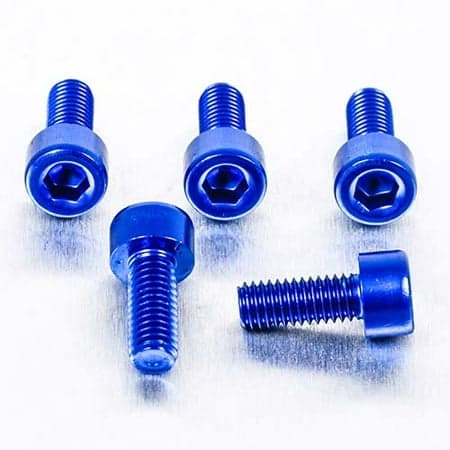 Five blue alloy parallel Allen head bolts, each measuring M5 x 0.80mm x 12mm, showcasing a shiny finish and hexagonal sockets for easy installation.