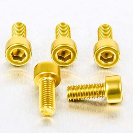 Five gold alloy parallel Allen head bolts, each measuring M5 x 0.80mm x 12mm, featuring a hexagonal socket for easy installation.
