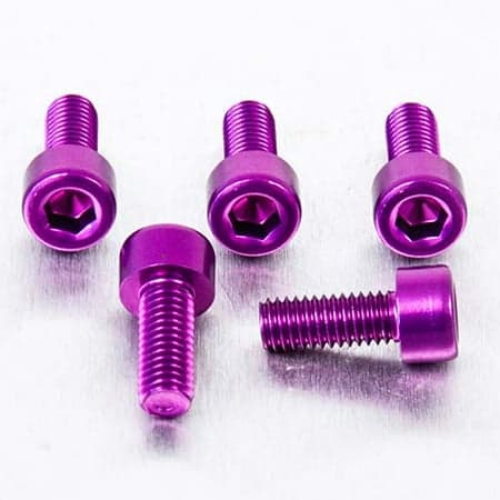 Pro-Bolt parallel Allen head alloy bolts in vibrant purple, featuring a hexagonal socket, with five bolts measuring M5 x 0.80mm x 12mm, showcasing a sleek, anodized finish.