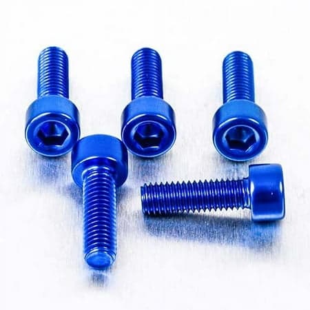 Five blue alloy bolts with parallel Allen heads, measuring M5 x 0.80mm x 16mm, showcasing a shiny finish and hexagonal recess for easy installation.
