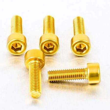 Five gold alloy parallel Allen head bolts, each measuring M5 x 0.80mm x 16mm, featuring a hexagonal socket for easy installation.