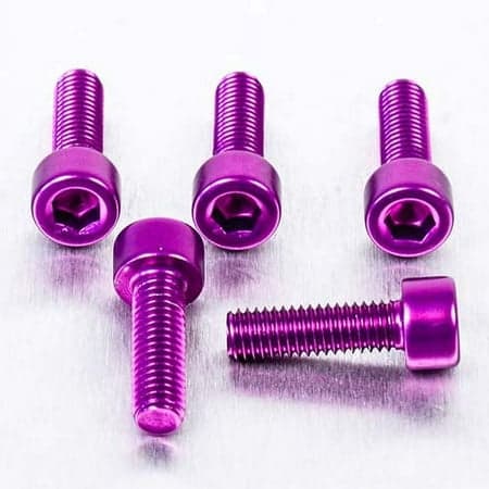 Five purple alloy bolts with parallel Allen heads, measuring M5 x 0.80mm x 16mm, showcasing a shiny finish and hexagonal recess for easy installation.